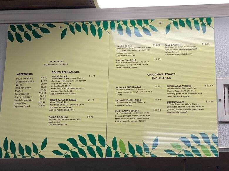 Menu of Cha Cha s New Gen Cafe in San Antonio TX 78238