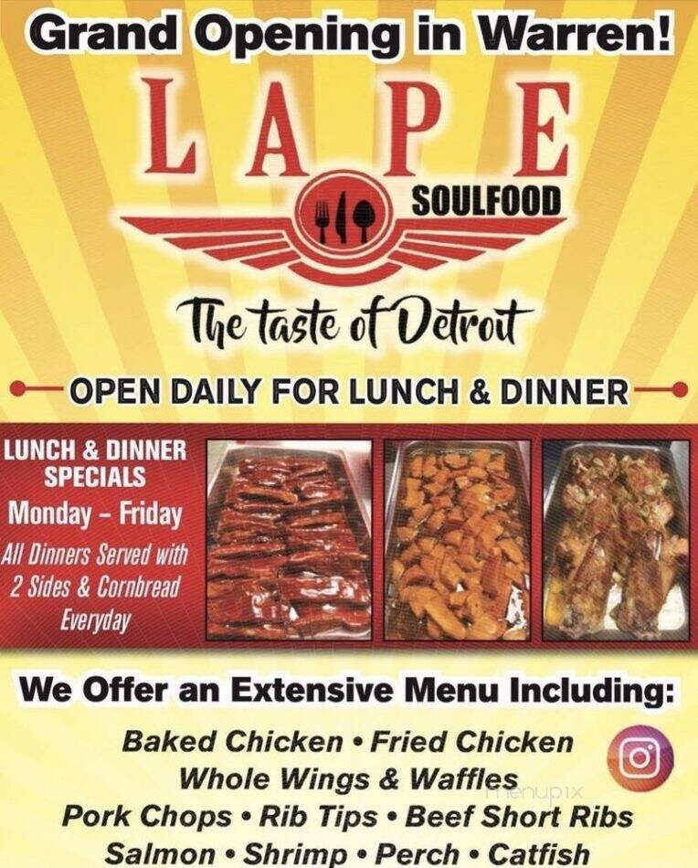 Menu of Lape Soul Food in Warren, MI 48091