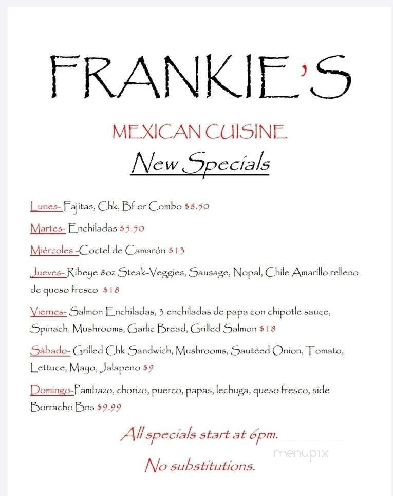 Menu of Frankie's Mexican Cuisine in Richardson, TX 75080