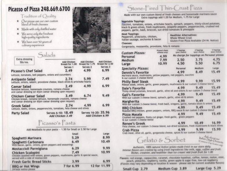 Menu of Picasso Of Pizza in Commerce Township, MI 48390