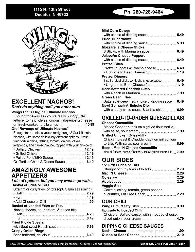 Menu of Wings Etc in Decatur, IN 46733