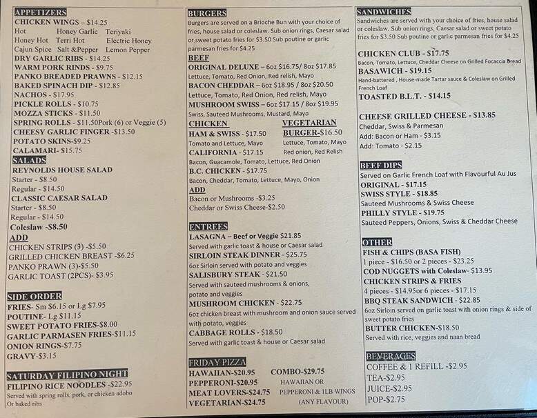 Menu of Reynold's Restaurant in Lillooet, BC V0K 1V0