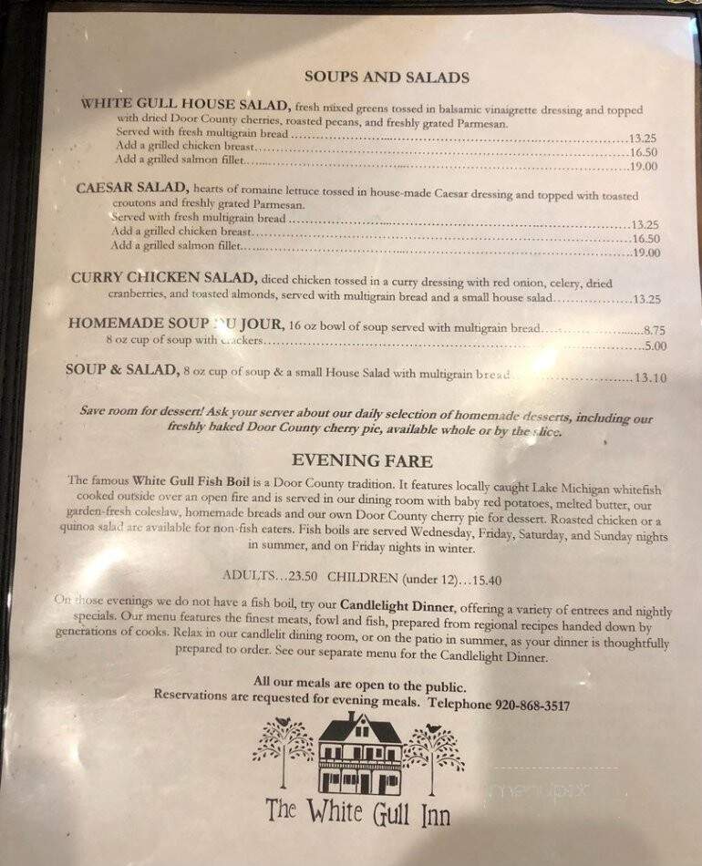 Menu of The White Gull Inn in Fish Creek, WI 54212