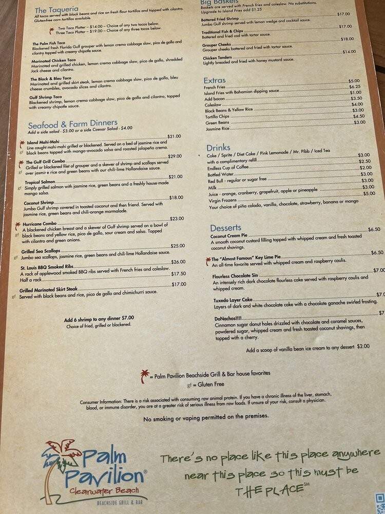 Menu of Palm Pavilion Beachside Grill in Clearwater, FL 33767