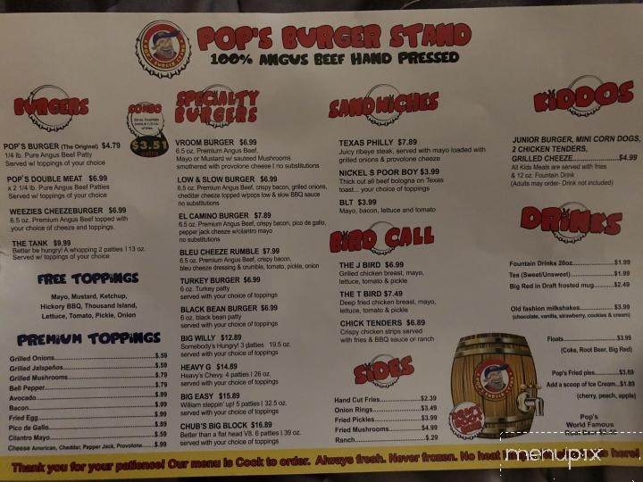 Online Menu of Pop's Burger Stand, Waxahachie, TX
