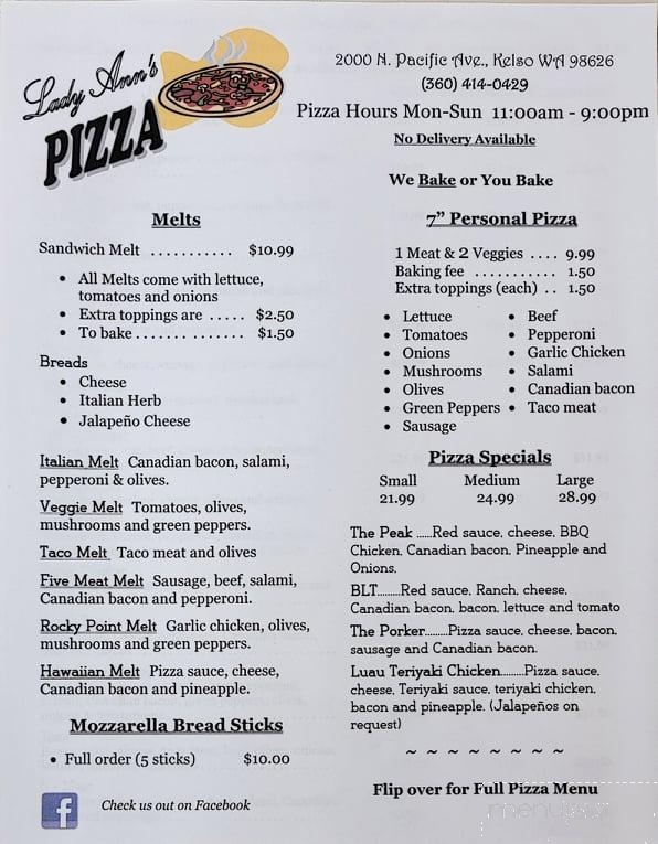 Menu of Lady Ann's Pizza in Kelso, WA 98626