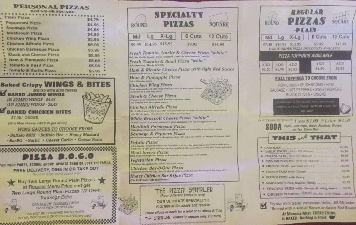 Menu of Mamma Mia's Pizza Delivery in Scranton, PA 18509