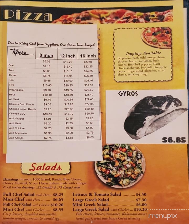 Menu of Piper's Pizza House in Oakland City, IN 47660