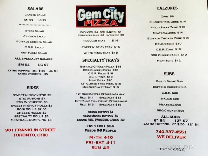Online Menu of Gem City Pizza, Toronto, OH