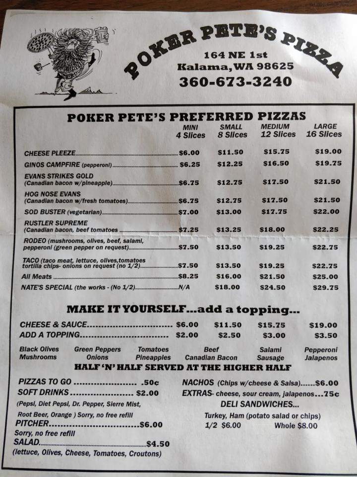 Menu of Poker Pete's Pizza in Kalama, WA 98625