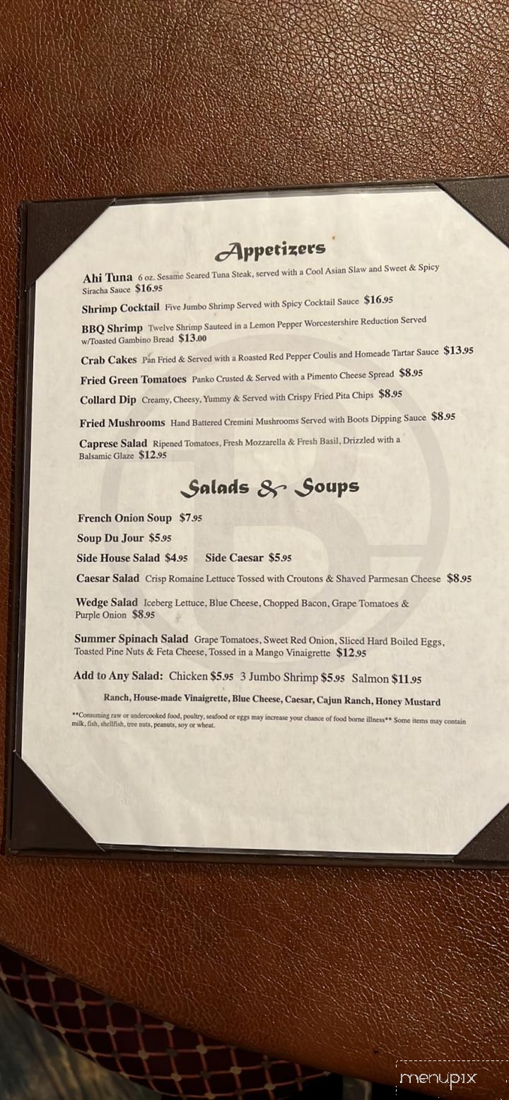 Menu of Boots Steakhouse in Dillsboro, NC 28779