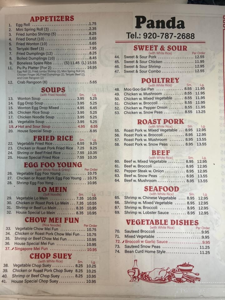 Menu of Panda Restaurant in Wautoma, WI 54982