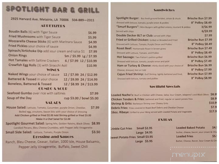 Menu of Spotlight Restaurant & Bar in Metairie, LA 70006
