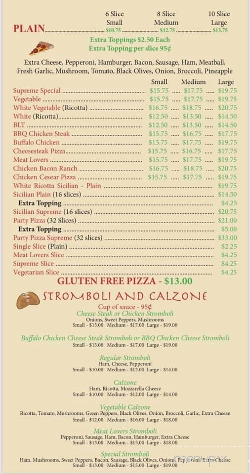 Menu Of Original Italian Pizza In Millville Pa 17846