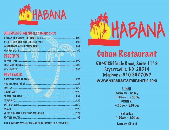 Menu of Habana Restaurant in Fayetteville, NC 28314