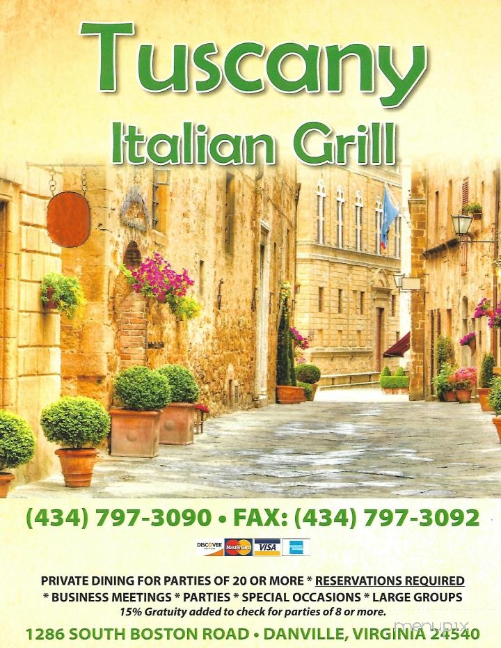 Menu of Tuscany Italian Grill in Danville, VA 24540