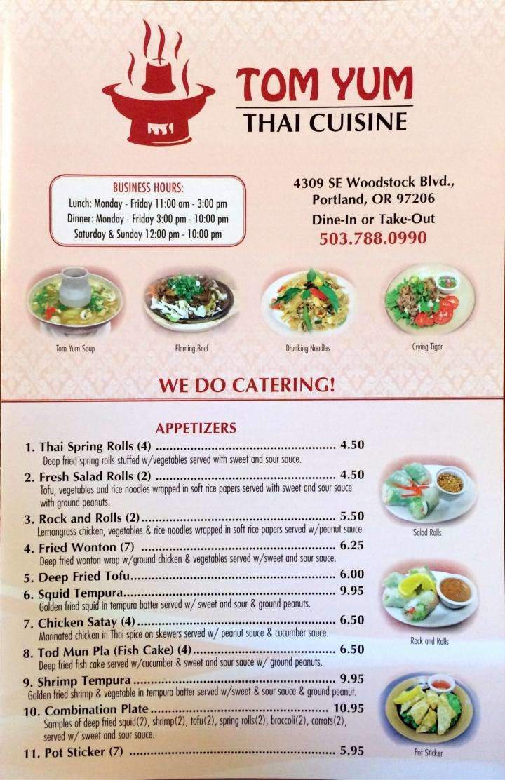 Menu of Tom Yum Thai Cuisine in Portland, OR 97206