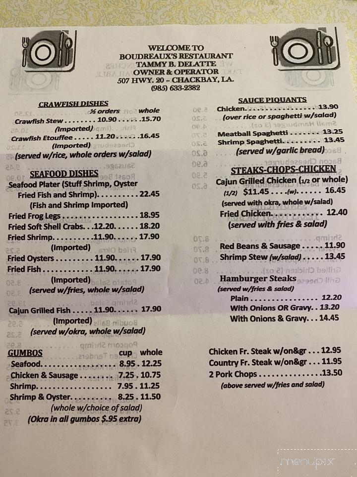 Menu of Boudreaux's Restaurant in Thibodaux, LA 70301