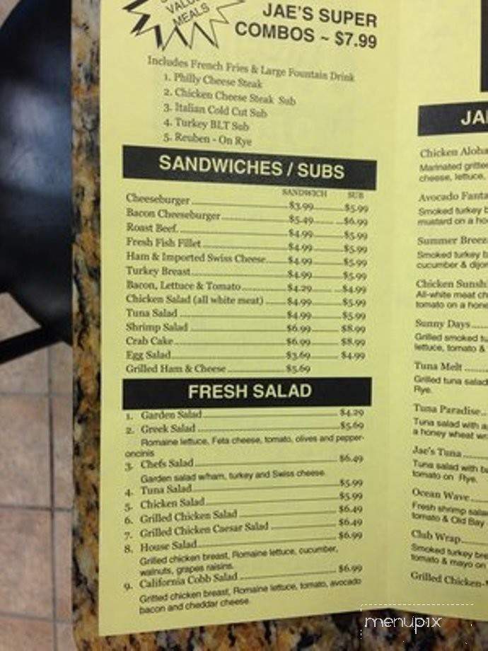 Menu of Jae's Deli in Columbia, MD 21046