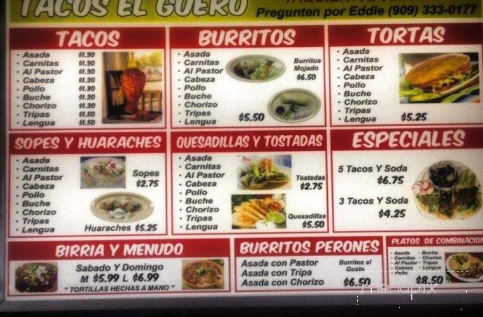 Online Menu of Tacos El Guero, Fontana, CA