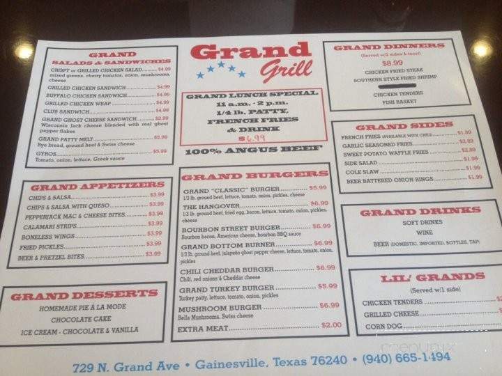 Menu of Grand Grill in Gainesville, TX 76241