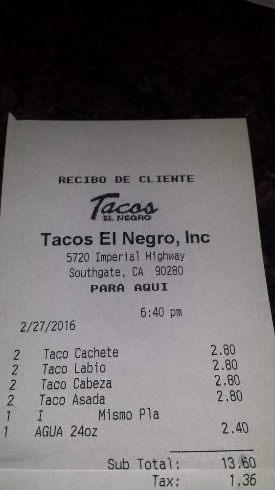 Menu of Tacos El Negro in Los Angeles, CA 90002