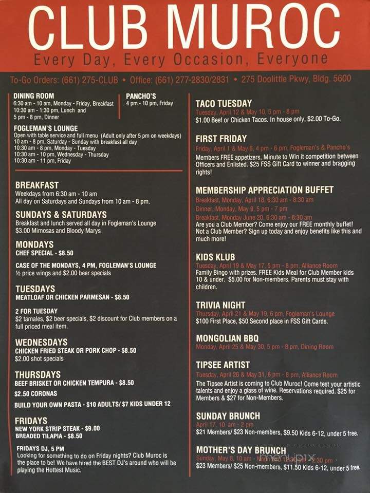 Menu of Club Muroc in Edwards AFB, CA 93524