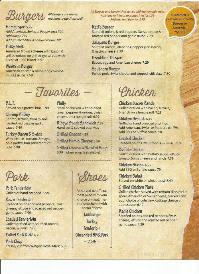 Menu of Red's Bar & Grill in Sheffield, IL 61361