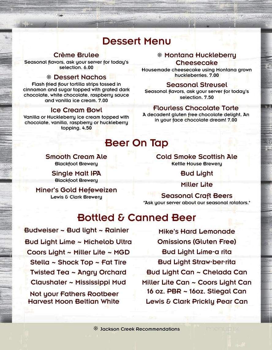 Menu of Jackson Creek Bar & Grille in Clancy, MT 59634