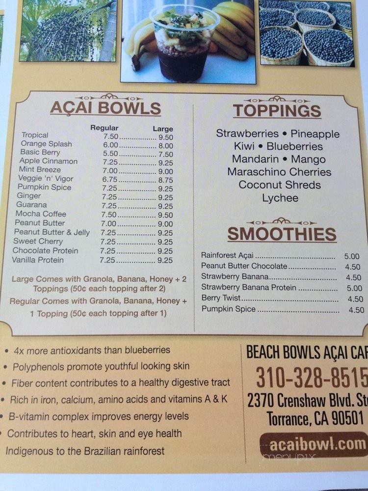 Menu of Beach Bowls Acai Cafe in Torrance, CA 90501
