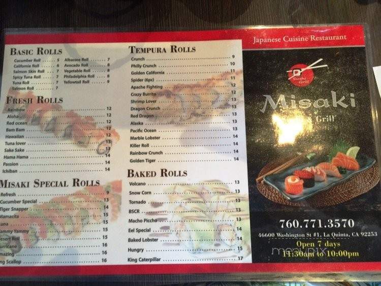 Menu of Misaki Sushi & Grill in La Quinta, CA 92253