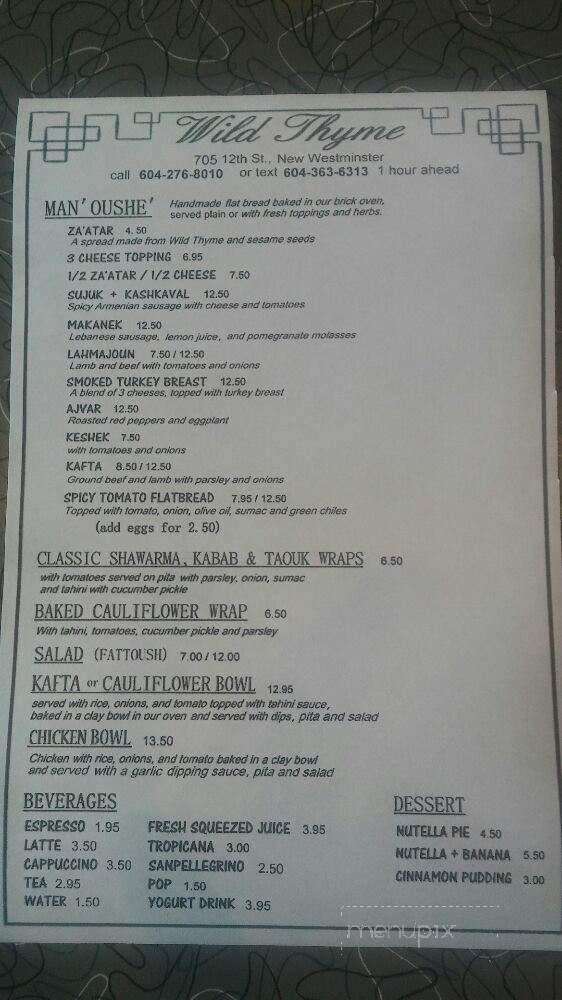 Menu of Wild Thyme in New Westminster, BC V3M 4J7