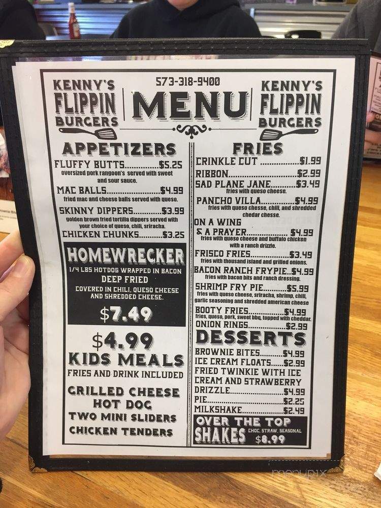 Menu of Kennys Flippin Burgers in Chaffee, MO 63740