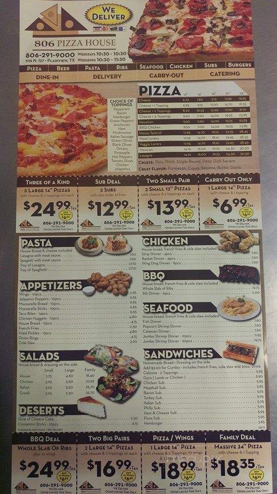 Online Menu of 806 Pizza House, Plainview, TX