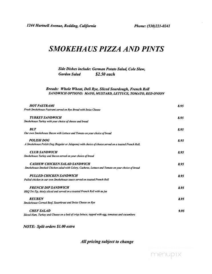 Menu of Smokehaus Pizza & Pints in Redding, CA 96002
