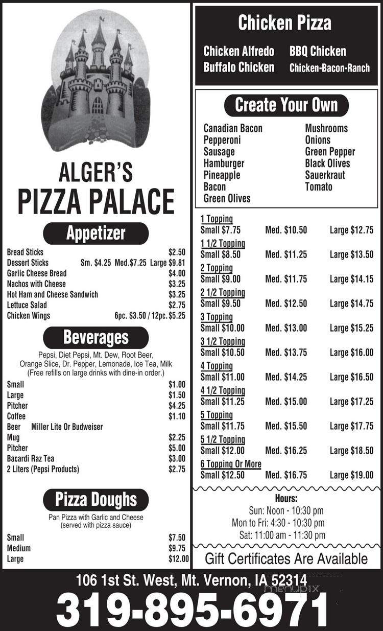 /251329559/Algers-Pizza-Palace-Mount-Vernon-IA - Mount Vernon, IA