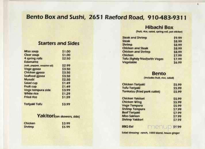 Menu of Bento Box Sushi in Fayetteville, NC 28303