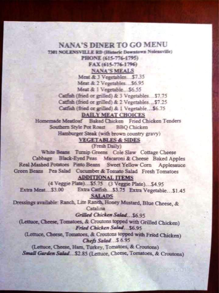 Menu of Nana's Meat and Three in Nolensville, TN 37135