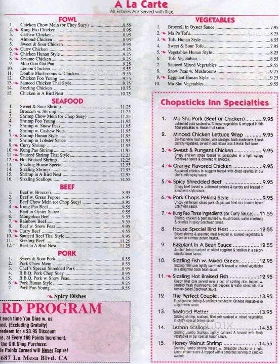 Menu of Chopsticks Inn Restaurant in La Mesa, CA 91941