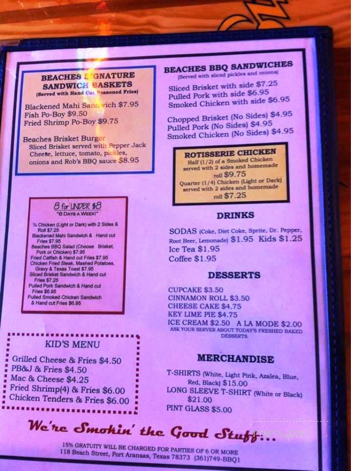 Menu of Beaches Cafe and Bakery in Port Aransas, TX 78373