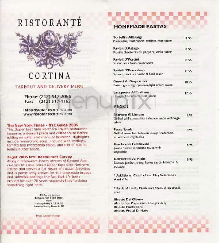 Menu of Ristorante Cortina in New York, NY 10021