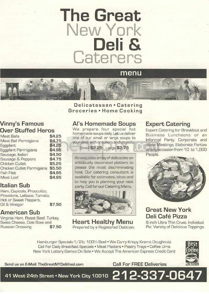 Menu Of The Great New York Deli In New York Ny