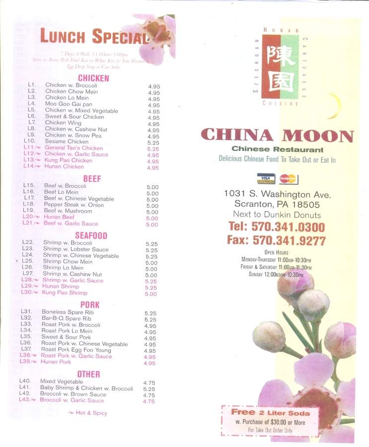 Menu of China Moon Chinese Restaurant in Scranton, PA 18505